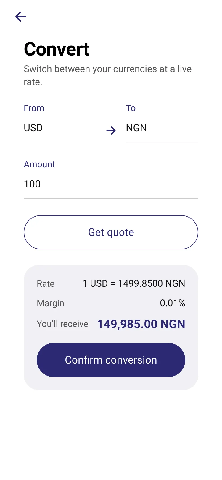 Converting currency in Monk Pay with the live rate and our margin shown separately