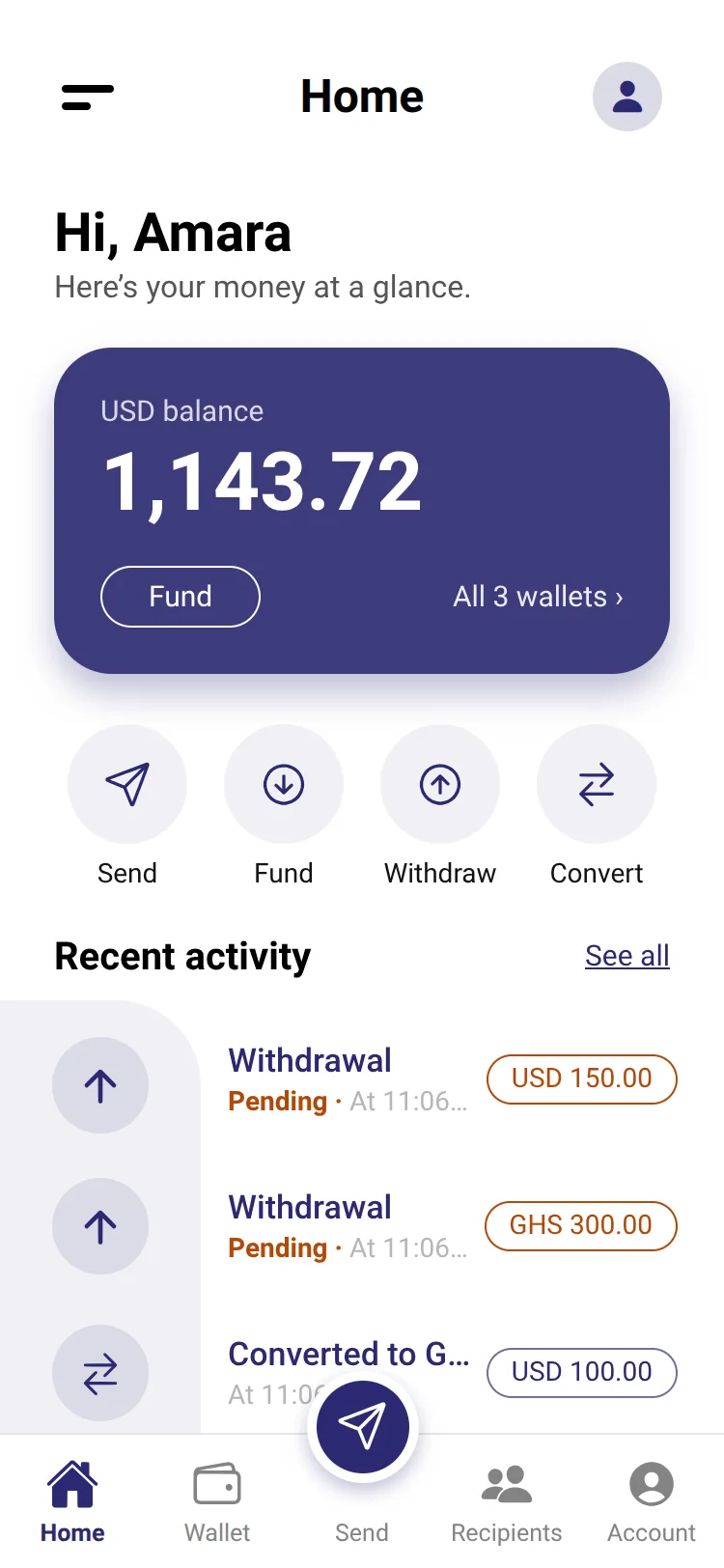 The Monk Pay home screen: wallet balance, quick actions and recent activity