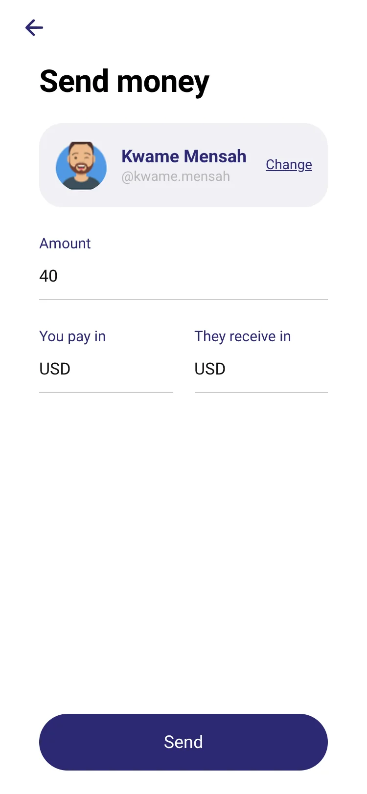 Sending money in Monk Pay: the recipient, the amount and what they receive