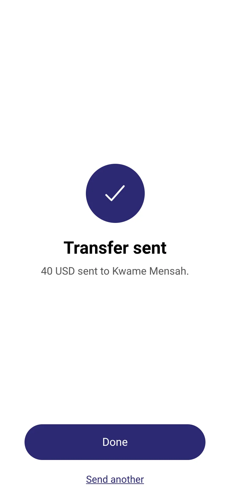 The confirmation screen after a transfer is sent