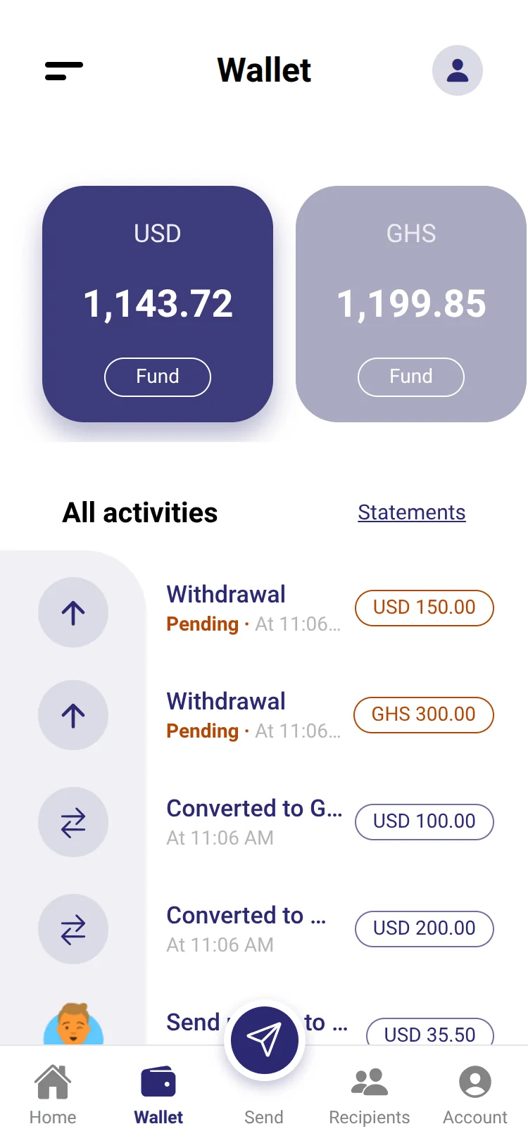 The Monk Pay wallet screen with several currencies and the activity list